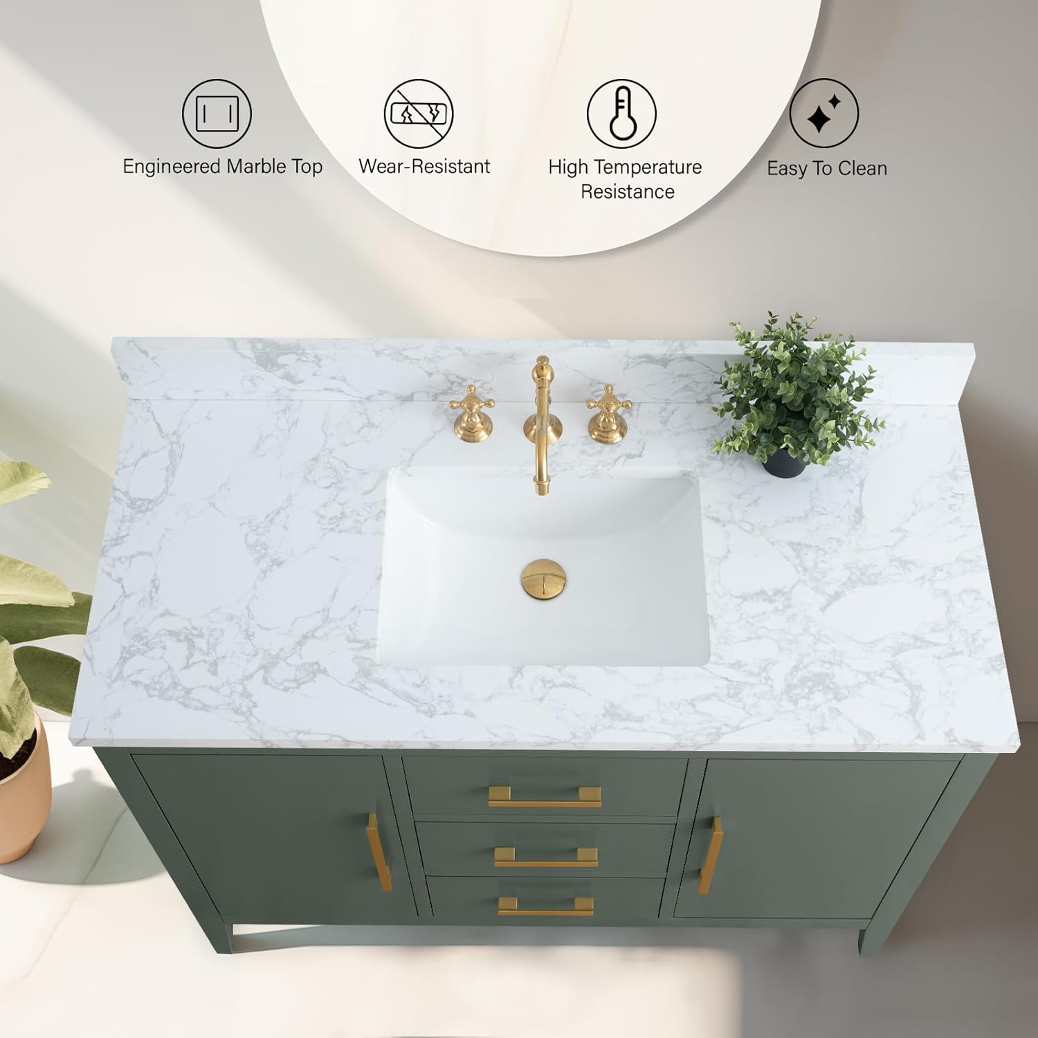 Vanity Art 48 inch Bathroom Vanity with Single Sink & Ceramic Top, Solid Wood Vanity Cabinet with Soft-Closing Doors, Drawers, Vintage Green, Golden Brushed Handware