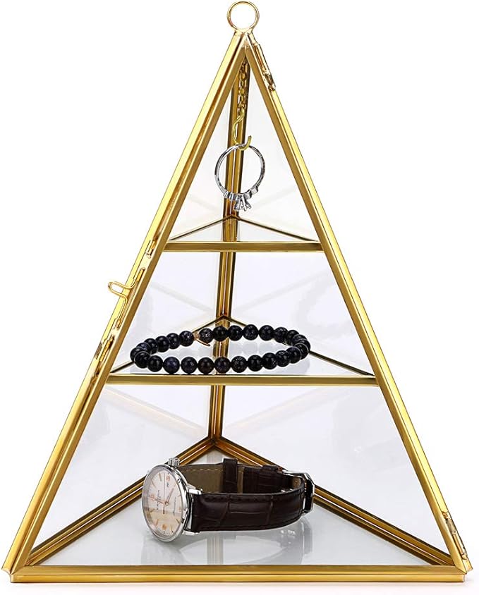 Hipiwe Glass Pyramid Jewelry Stand Holder, Geometric Ring