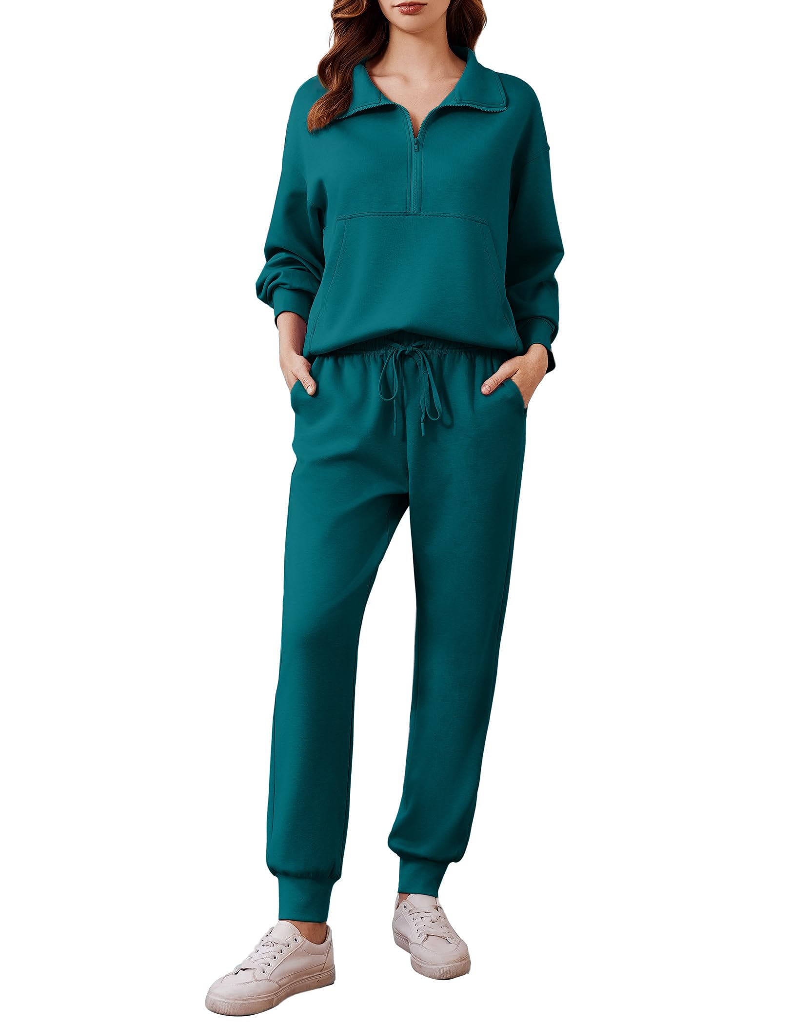 PINSPARK 2 Piece Sets for Women Long Sleeve Half Zip Tracksuit Jogger Sets | 2026 Fall Travel Outfits Lounge Set, Lightweight Soft Air Layer Fabric, Kangaroo Pocket Sweatshirt, Drawstring Joggers Pants