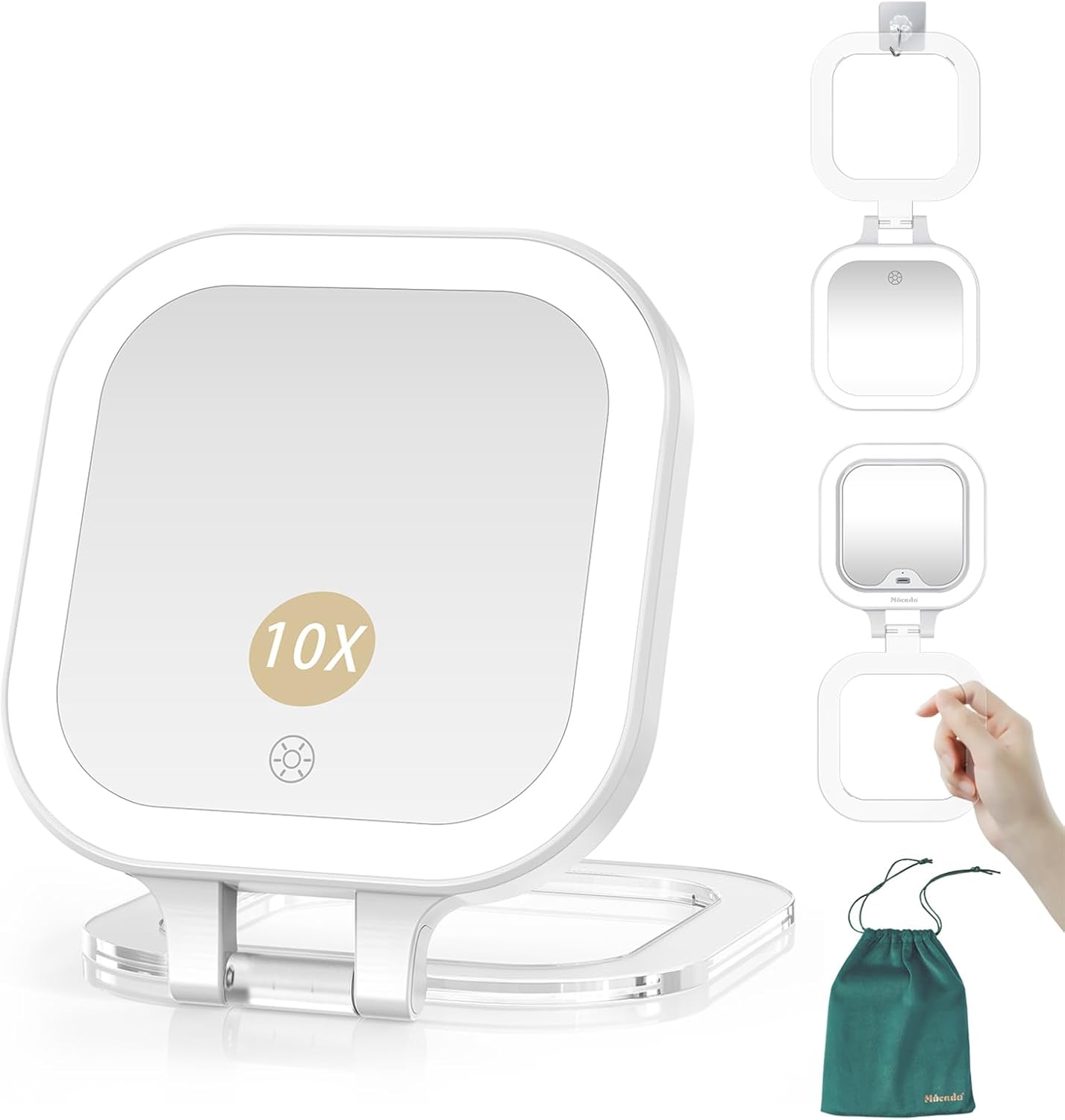 Mocado Compact Travel Makeup Mirror, 1X/10X Magnifying Mirror with Light, Double Sides Compact Mirror with 3 Color Light, Dimmable Handheld Mirror, Rechargeable Travel for Purse,Pocket(White)