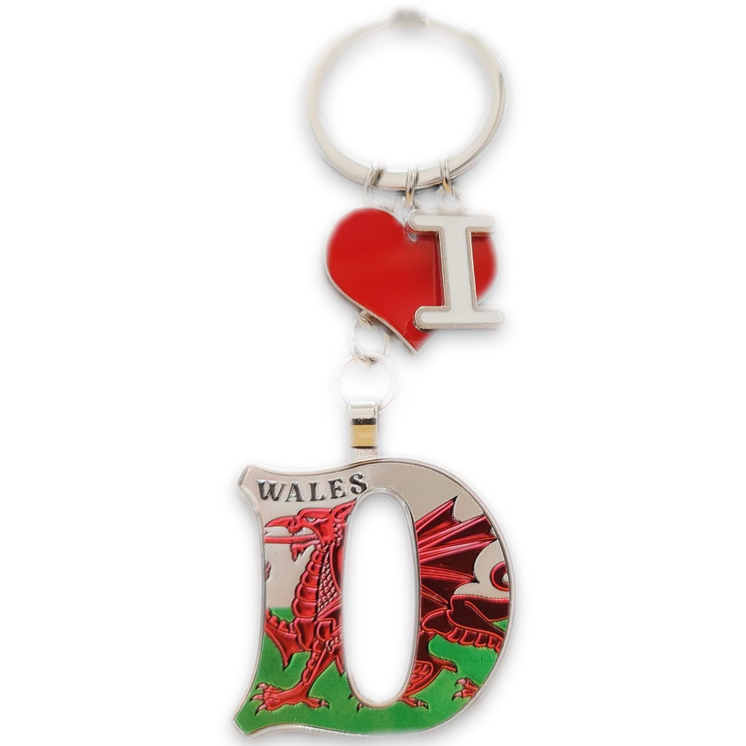 Manav Unisex Silver Welsh Souvenir Alphabet Keyrings Wales Dragon Flag Red Heart Cymru (D)