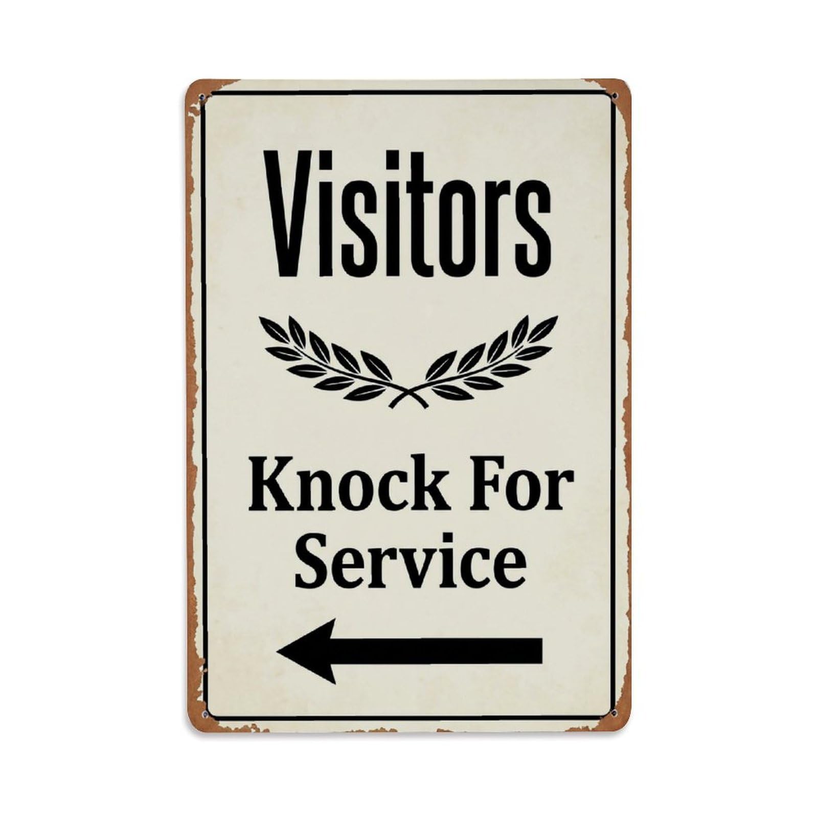 Vintage Visitors Knock For Service Arrow Laurel Metal Tin Sign