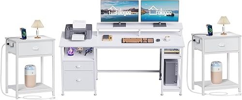 Furologee Escritorio para computadora de 61 pulgadas con archivador de tela y mesitas de noche blancas, juego de 2 con estación de carga