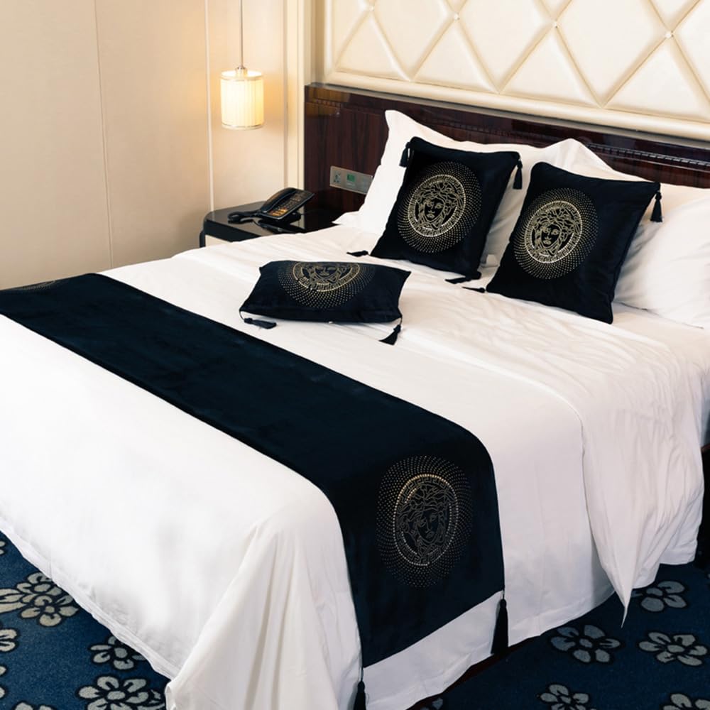 QRGMKL European Style Bed Runner Hotel Bed Scarf Bedspreads Coverlets Luxury Bed Runners and Matching Cushions Bedroom Bedding Protector-Black||2 Pillowcases(45X45cm)