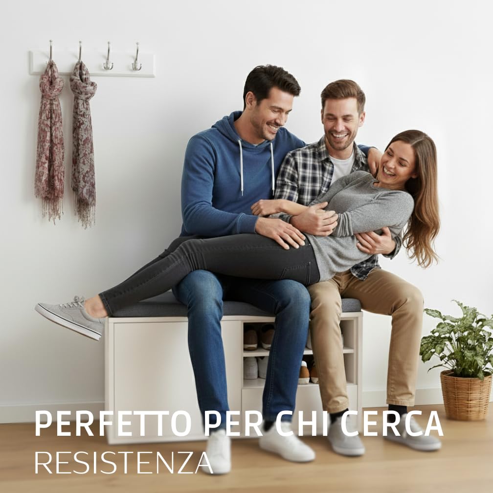 MAKA Scarpiera Panca Ingresso con Seduta, Portascarpe con Cuscino Imbottito L80xP35xA46, Capacità Seduta 200 Kg, Scarpiera con Scomparti a Scaffale, Legno Resistente (Bianco)