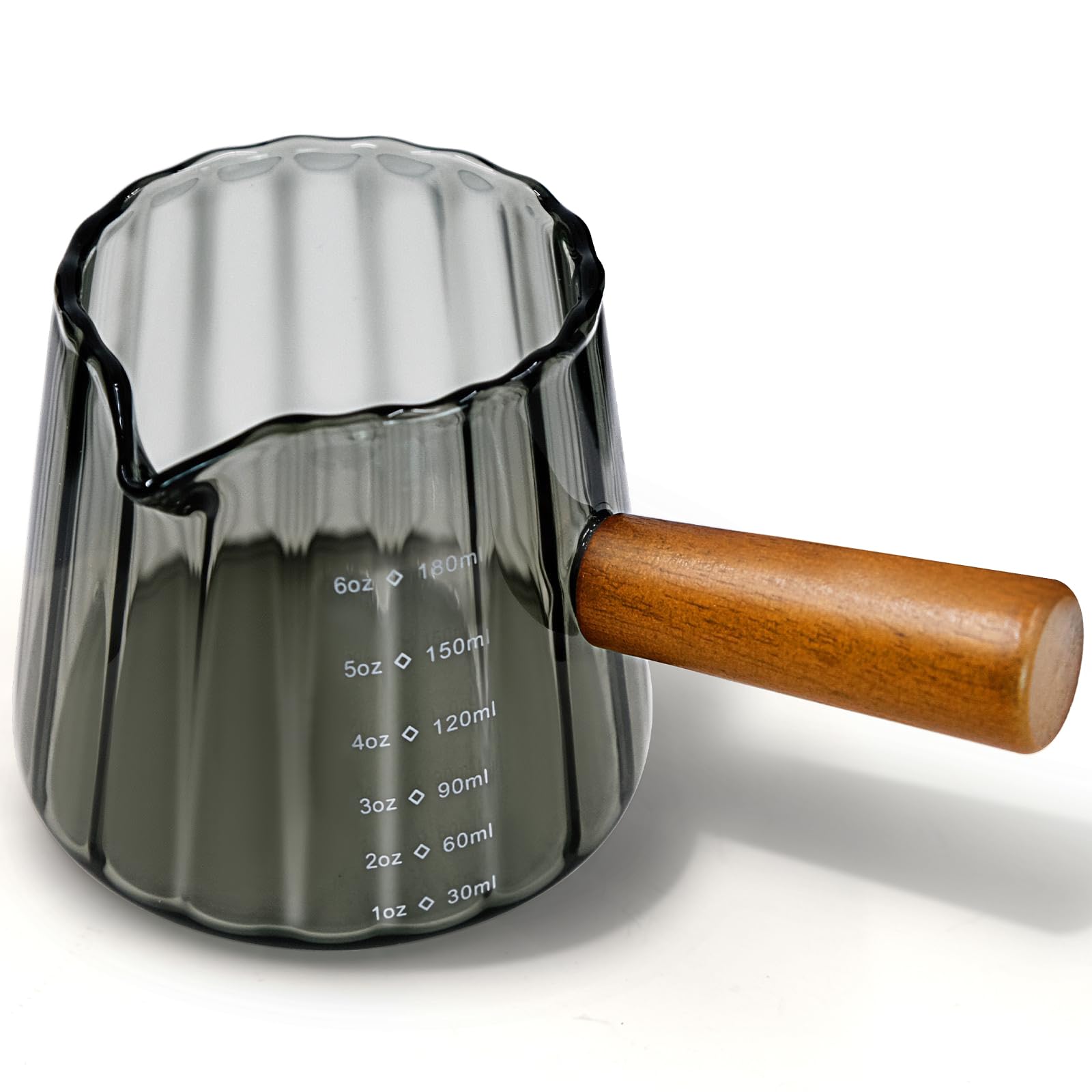 Espresso Measuring Cup with Wood Handle, 180ml/6oz Glass Measuring Shot Cup with Dual Scale and V-Shaped Mouth for Coffee Machine