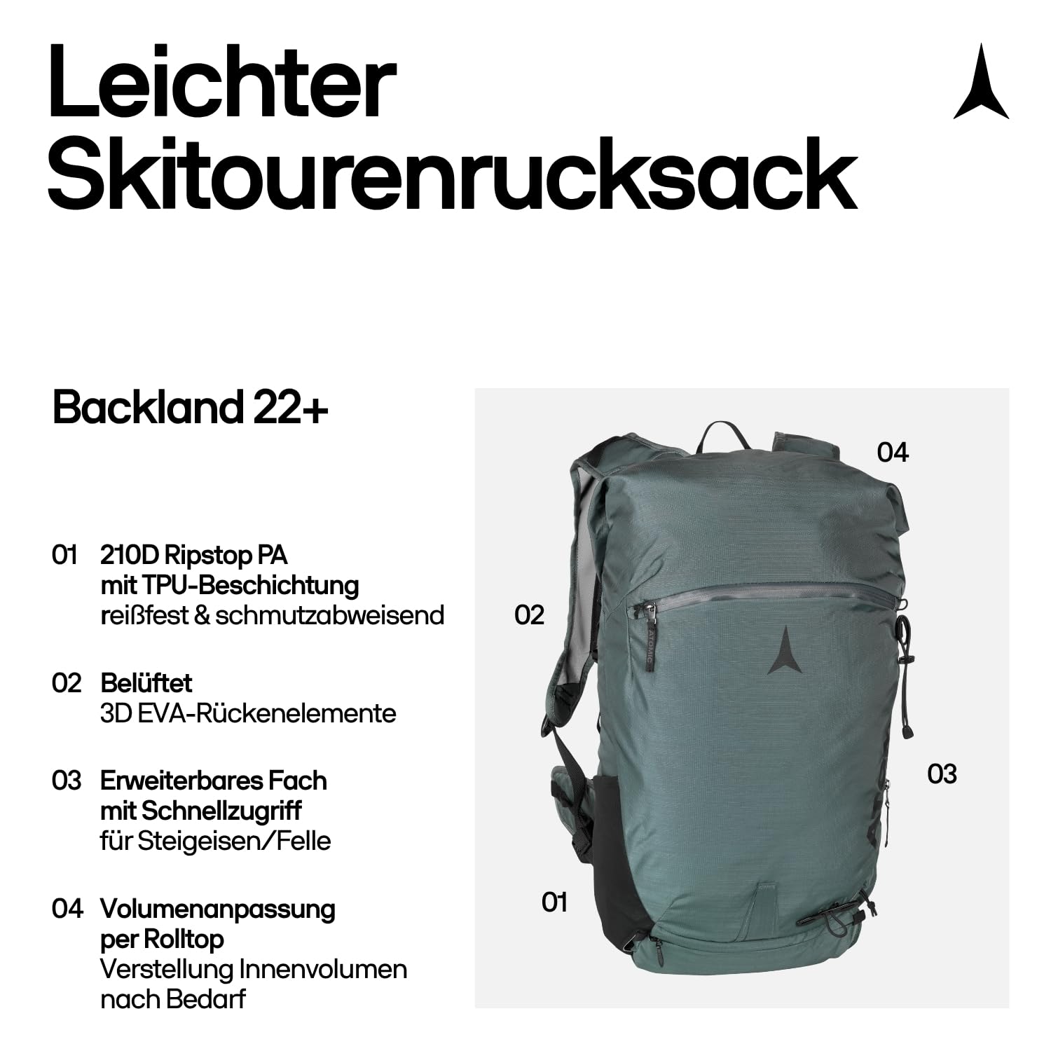 ATOMIC Backland 22+ Green/Grey I leichter Skitouren-Rucksack mit Rolltop-Verschluss I alpiner Wanderrucksack mit mehr als 22L Stauraum I robuster & vielseitiger Ski-Rucksack mit Hüftgurt