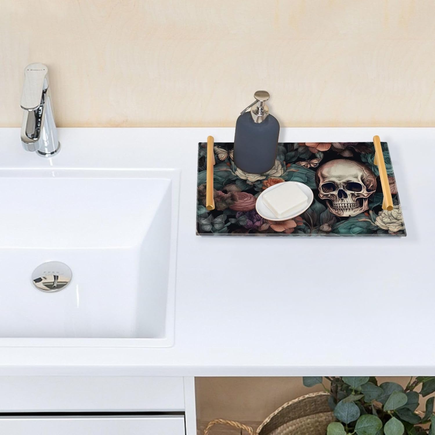 Decorative Tray Skull Butterflies Print, Acrylic Serving Tray Coffee Table Tray with Metal Handles for Bathroom Living Room Bedroom 7.87×11.81 in