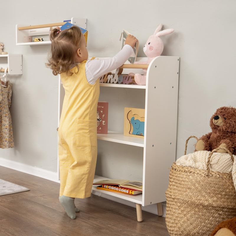 Woodandhearts Montessori Bookcase with 3 Nursery Shelves, Waldorf Bookshelf Preppy Room Decor, Reading Nook Low Bookcase with Wood Shelves Kids Furniture
