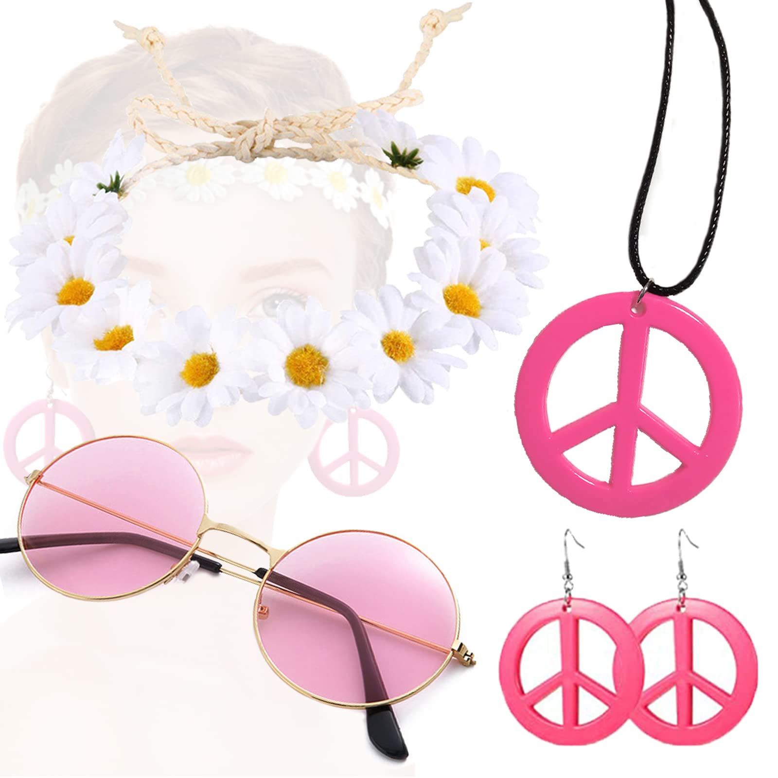 Hippie Kostüm Set SAIIURV 70er Jahre Kostüm Set - 4-teiliges Hippie Outfit Mit T-Shirt, Brille & Halskette Hippie Kleidung Damen