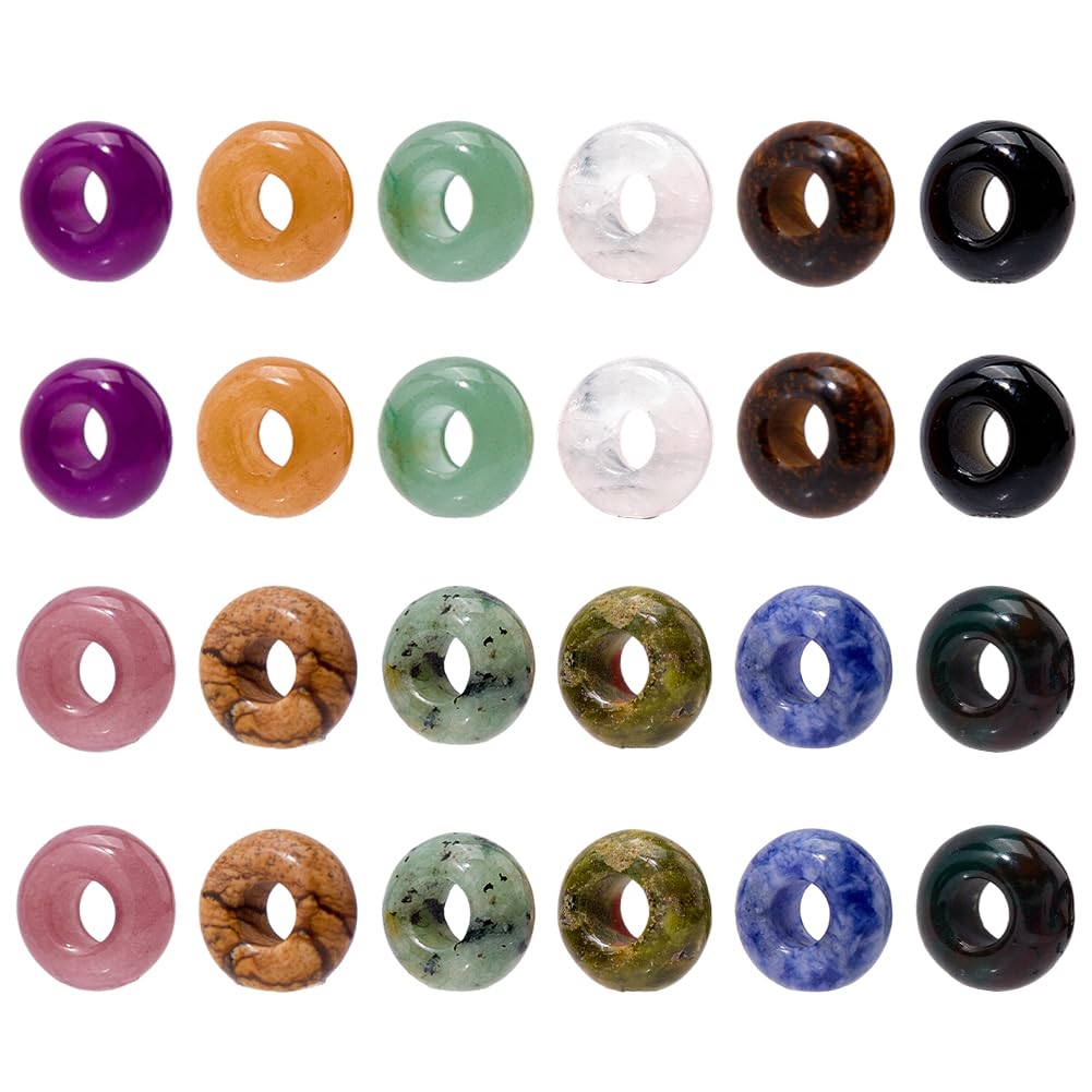DICOSMETIC 24 cuentas de piedra natural de 12 estilos, grandes agujeros, cuentas de piedra a granel, 10 x 5 mm, ágata india, cuarzo rosa, cuentas redondas europeas para pulsera, collar, fabricación de