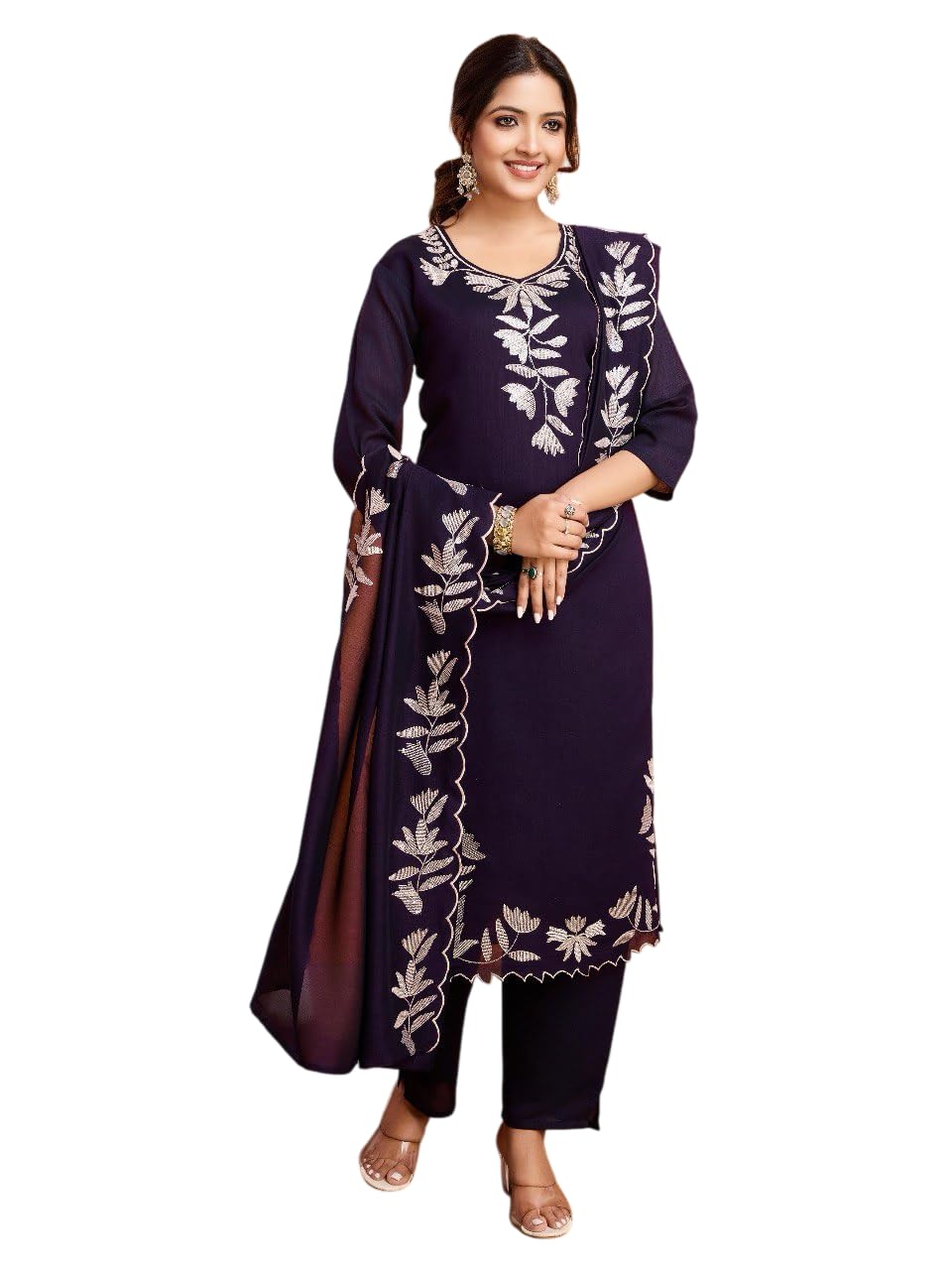 Women's Beautiful Heavy Premium Vichitra Silk Stitched Flared Regular Kurta with Pant and Embroidered Work Dupatta Sets for Any Occasion for Women-picture-36