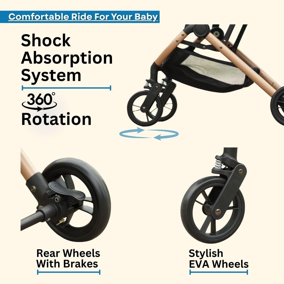 Chipzzie Travel Mate Baby Stroller – Pre-Installed, Lightweight, Compact & Travel-Friendly | One-Hand Fold | Full Recline & 5-Point Harness | Newborn to Toddler (0-3 Yrs) | Elegant Rose Gold Frame – Brown/Khaki 4