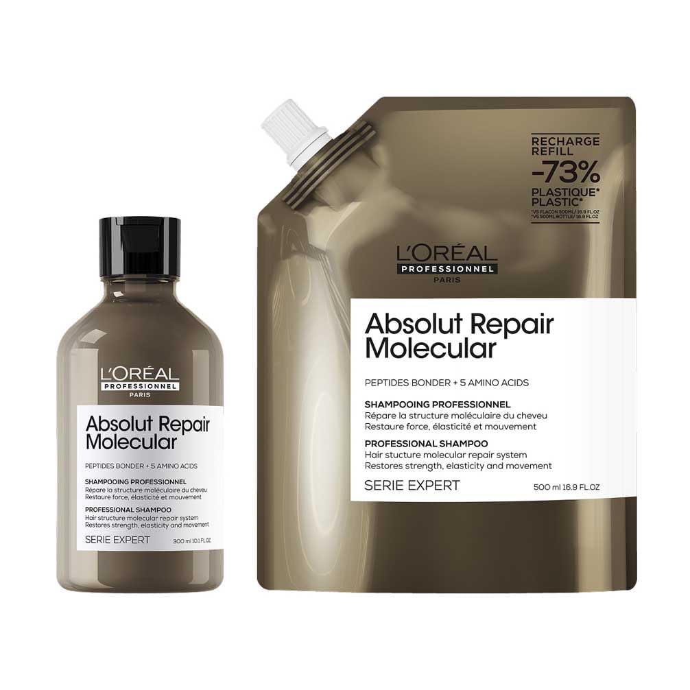 L’Oréal Professionnel, Rutina Con Champú Profesional 300 ml y Recambio 500 ml, Nutre en Profundidad y Fortalece el Cabello, Para Pelo Seco, Fórmula Patentada, Absolut Repair Molecular