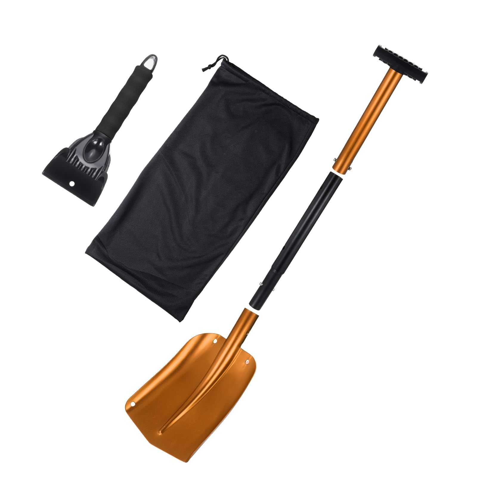 QUARKZMAN Pala da Neve 3-in-1 in Alluminio, Raschietto per Ghiaccio, Kit Emergenza Neve con borsa per Auto, Campeggio, Giardinaggio, Oro