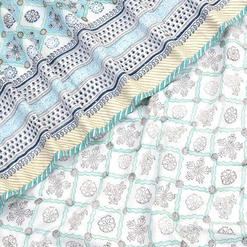 Image of TOAIArt Premium Jaipuri Dohar | AC Blanket Summer Quilt | Hand Block Printed | 3 Layers | Reversible | 150GSM 100% Mulmul Cotton | 100% Cotton Flannel Filling | Queen 90 inch X 108 inch |Small Blue Jaal