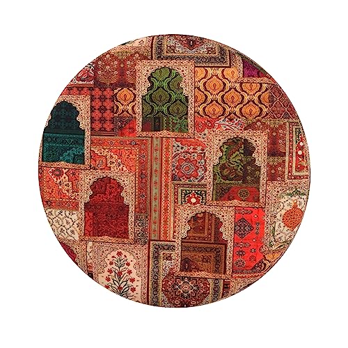 Image of NACIA Printed Ottoman Upholstered Foam Cushioned Pouffes Puffy Stool for Living Room Sitting Muddha Wooden Velvet Pouf Stool for Foot Rest, Home Decor Dressing Table Stool, 16x16x17 Inches, Beige