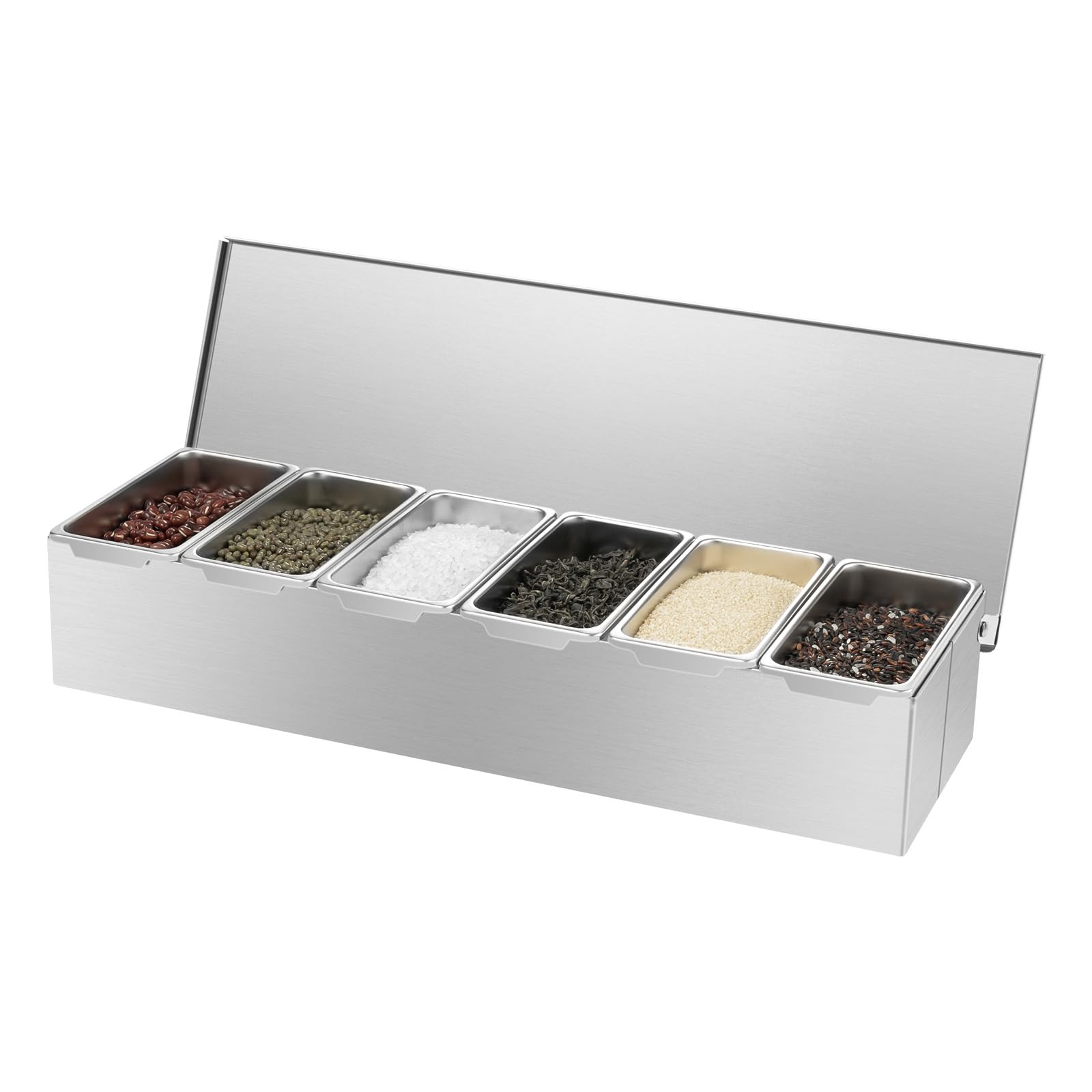 Candygou Silver Stainless Steel Seasoning Box With Lid And Holder Tray, Spice Box, 6 Compartments Rectangle Masala Dabba Spice Container, Spice Containers For Kitchen Condiment Storage