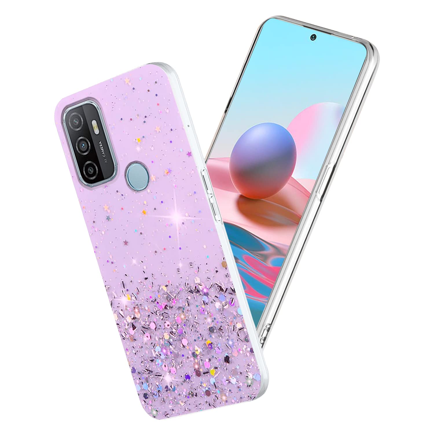 Cover Per OPPO A53s In Silicone Rosa Con Glitter | Custodia Trasparente Morbida E Sottile, Regalo Donna - 3