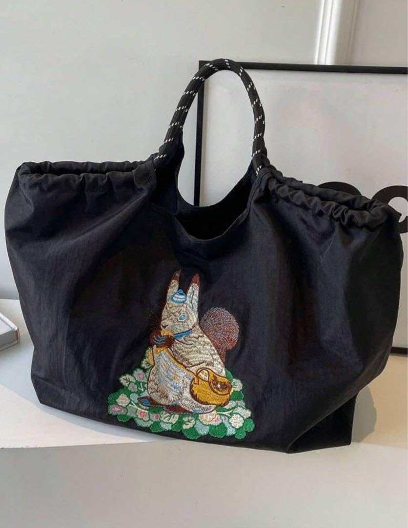 Amazon.co.jp: 刺繍 エコバッグ L リス柄 ブラック 韓国
