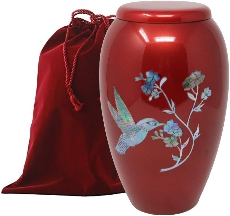 Handcrafted Cremation Urn for Ashes, Adult Urn, Elegant Mother of Pearl Urn, Metal Urn with Beautiful Artwork, Included Velvet Bag (Red)
