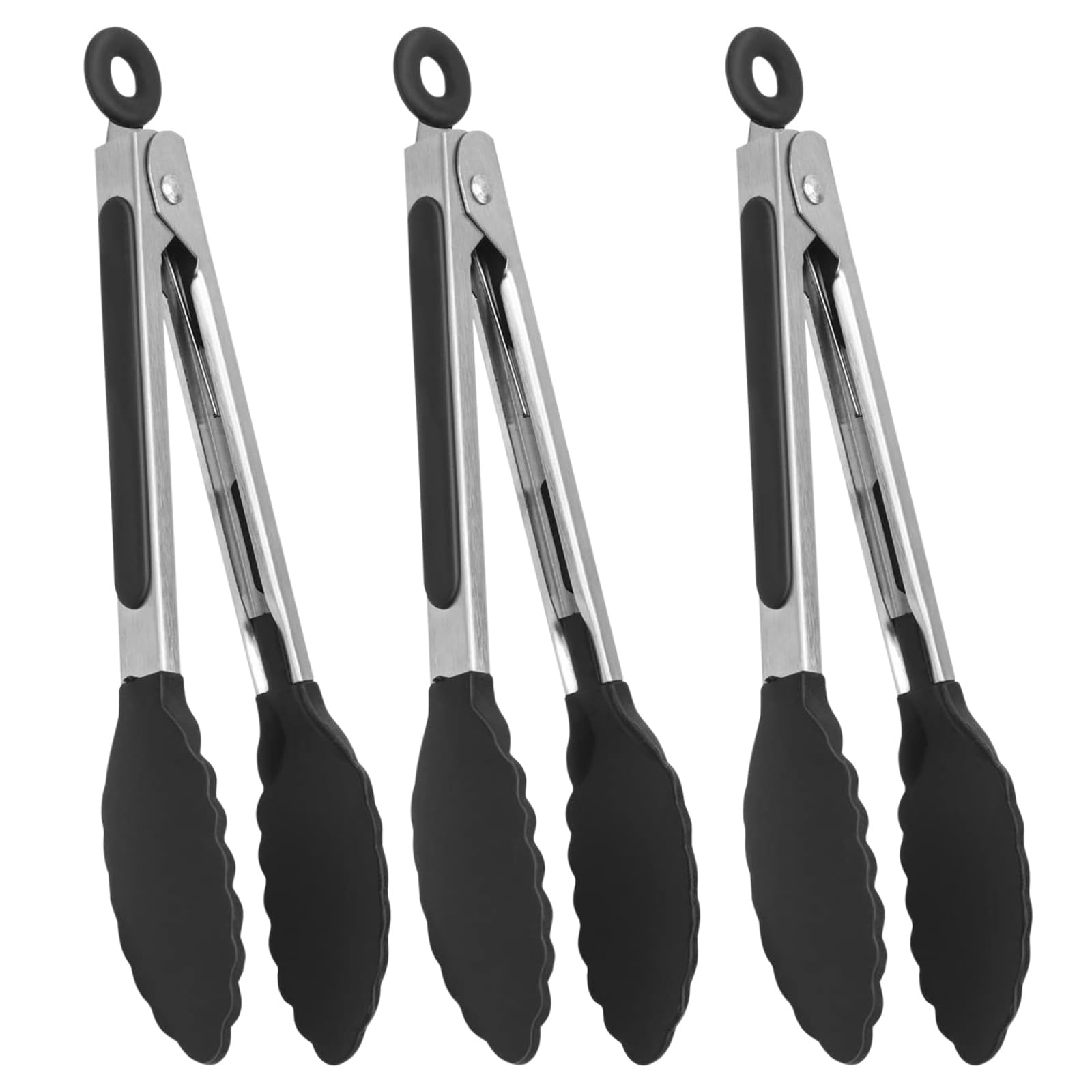 3 Pcs Kitchen Tongs with Silicone Tips - 9 Inch Non-Stick Locking Tongs, Heat Resistant Kitchen Tongs, Smooth Edge Stainless Steel Food Tong for Cooking, Serving, Barbecue, Buffet, Salad, Kitchen Use