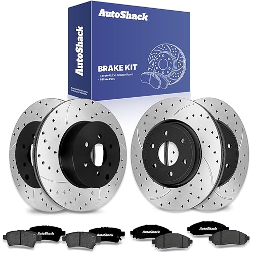AutoShack Front & Rear Drilled & Slotted Brake Rotors Ceramic Brake Pads | Replacement for Suzuki Equator 2005-2024 Nissan Frontier 2008-2015 Xterra V6 | E-Coated | 12-PC Brake Kit | ShadowGuard