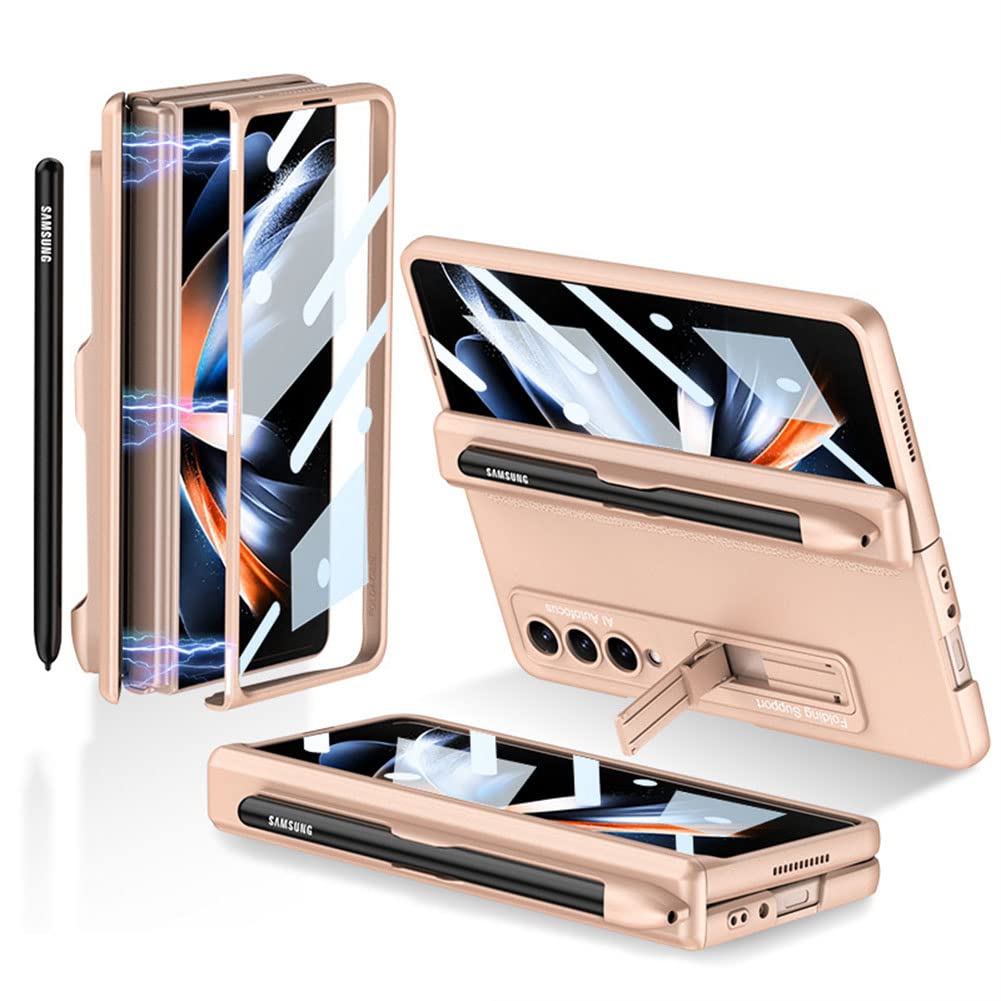 NA Built in Screen Protector Case for Samsung Galaxy Z Fold 4 5G 2022, Magnetic Case with [Convenient Detachable S Pen Holder][Magnetic Kickstand][Hinge Protection] (Without Pen)(Z Fold 4, Rose Gold)