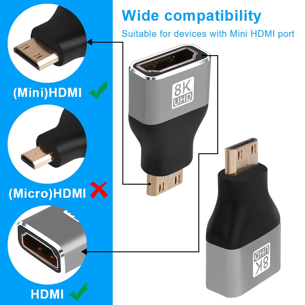 AXFEE Adapter mini męski na HDMI żeński 2 w 1 – 8K przy 60 Hz, złącze HDMI do laptopa, HDTV, PC, monitora, PS, Xbox, DVD