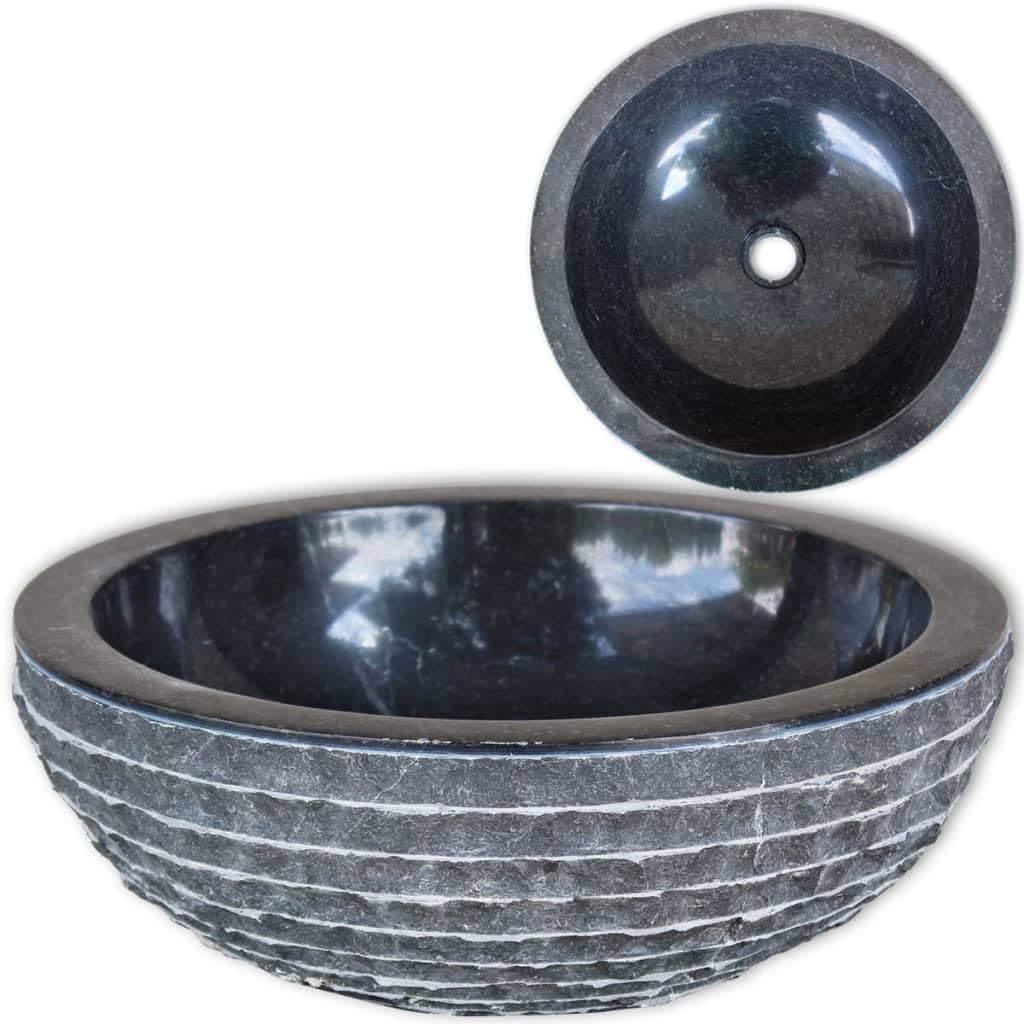Lavabo in marmo da 40 cm, nero, rotondo, con foro di scarico da 4,5 cm, per bagno degli ospiti, WC per bagno, ristrutturazione, ristrutturazione