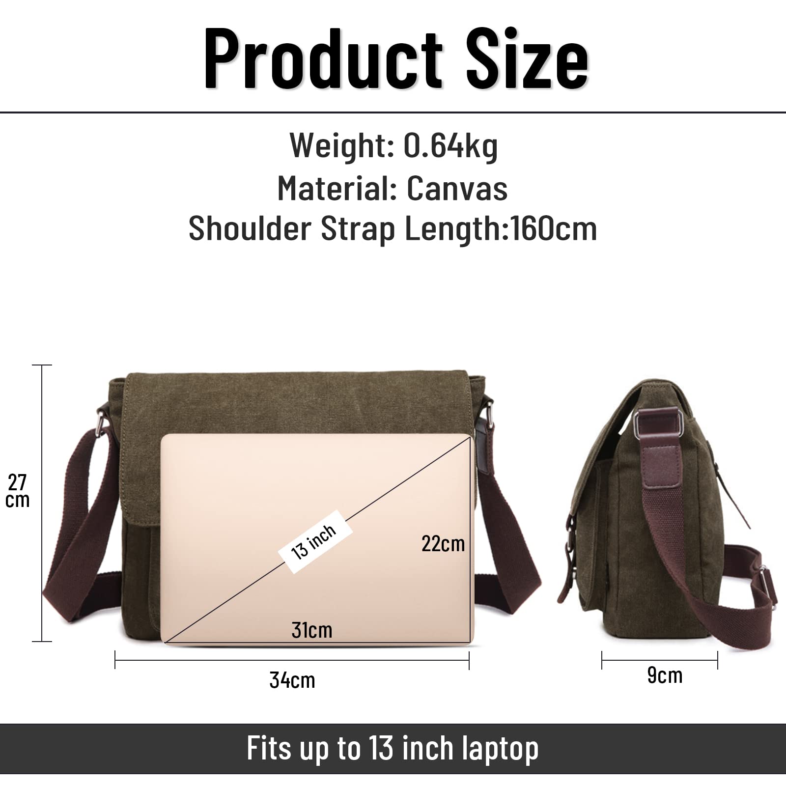 Bolsa de Mensajero Hombres Lona Bolso de Bandolera Casual Bolsa de Hombro para Ordenador Portátil Escolar Bolso de Lona Verde