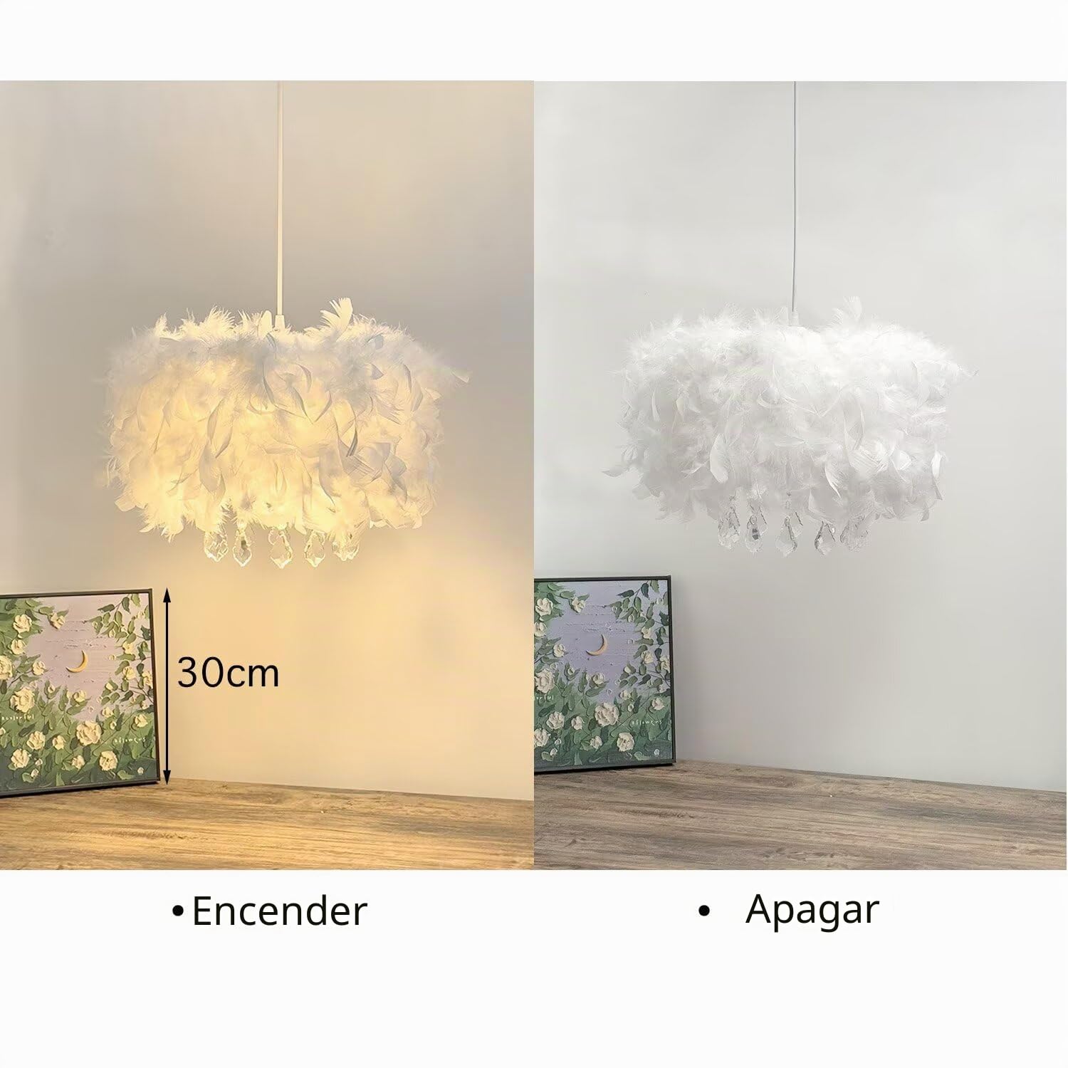 Lámpara colgante de plumas de cristal Lámpara colgante de plumas blancas Lámpara de techo Lámpara de techo, Lujo romántico para sala de estar, Comedor, 40 CM / 15.9 PULGADAS