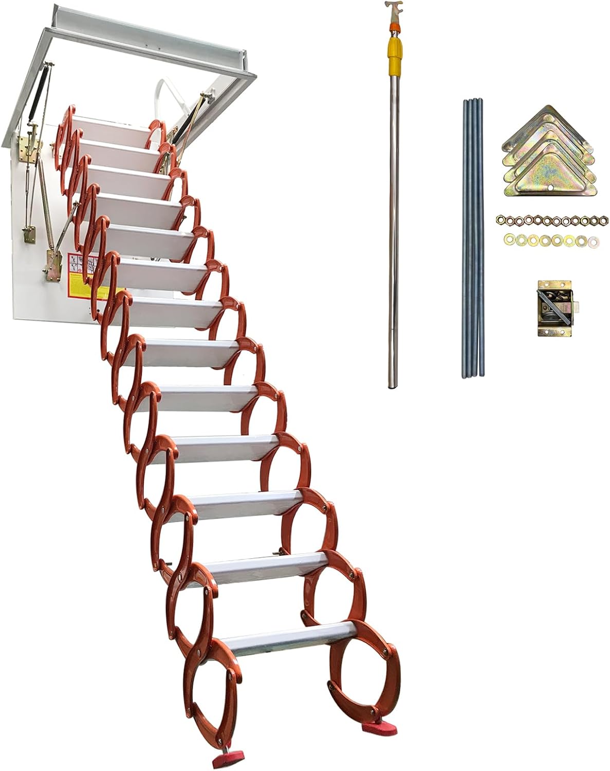 Aluminum Attic Ceiling Pull Down Ladder Access, 13 Steps Folding Stairs Stairway, 10.5 ft Height, 660 lbs Load, Steel Opening Folding Access, Orange S-Bend Structure