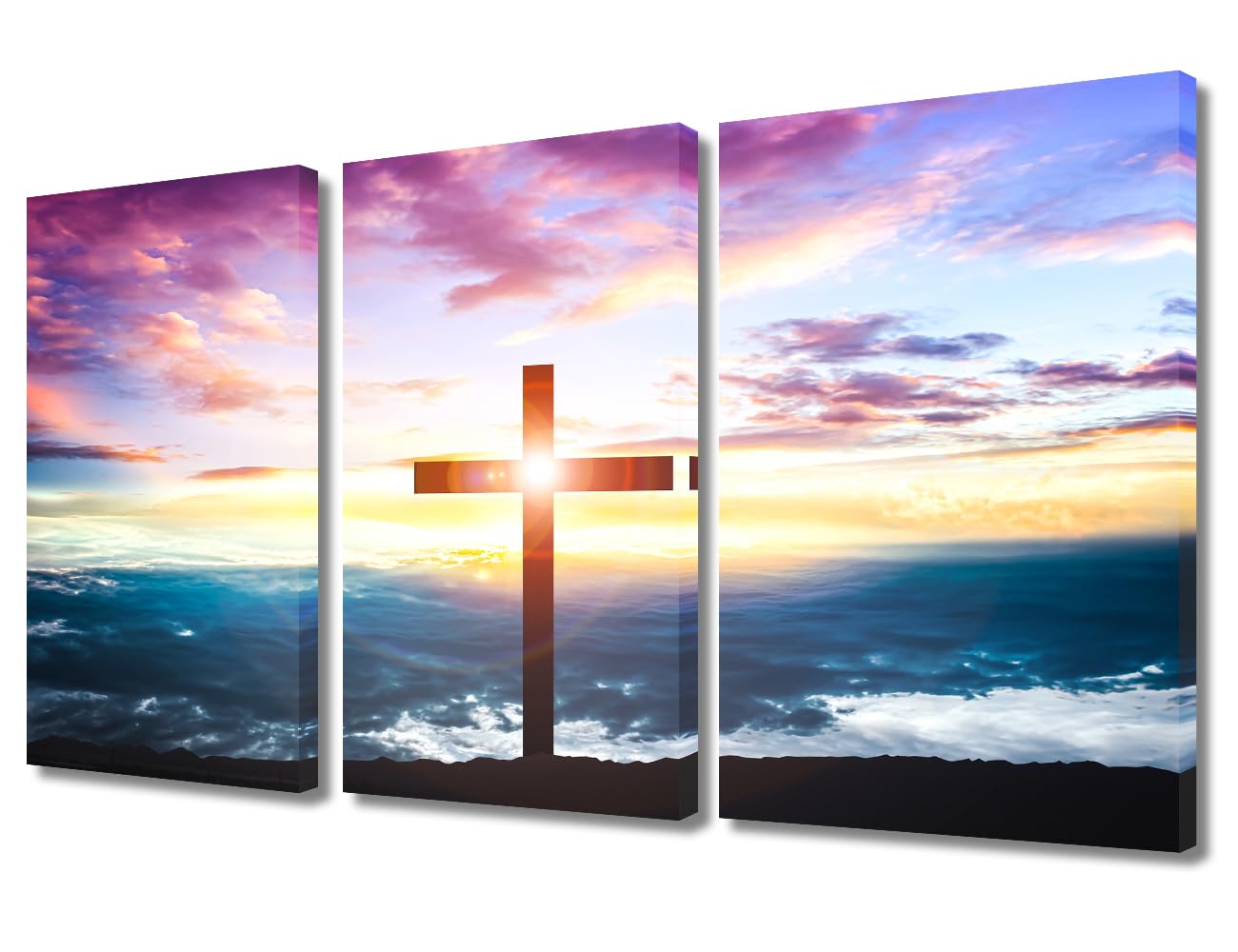 Christian Cross Wall Art Religions Canvas Prints Wall Art Canvas Wall Artwork 3 Panel Wall Art Framed Wall Art Modern Home Decoration Giclee Gallery-Wrapped Posters and Prints, 36x24 Inches