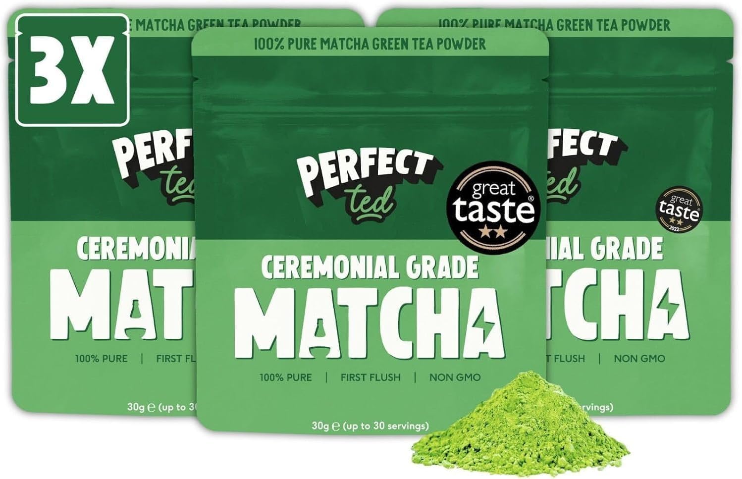 PerfectTed Organic Matcha Powder, Ceremonial Grade Japanese, 3 x 30g (90 Servings) Bulk Pack, Perfect for Lattes & Smoothies | Stone-Ground Green Tea | with L-Theanine | Vegan | Gluten-FreeEU Organic