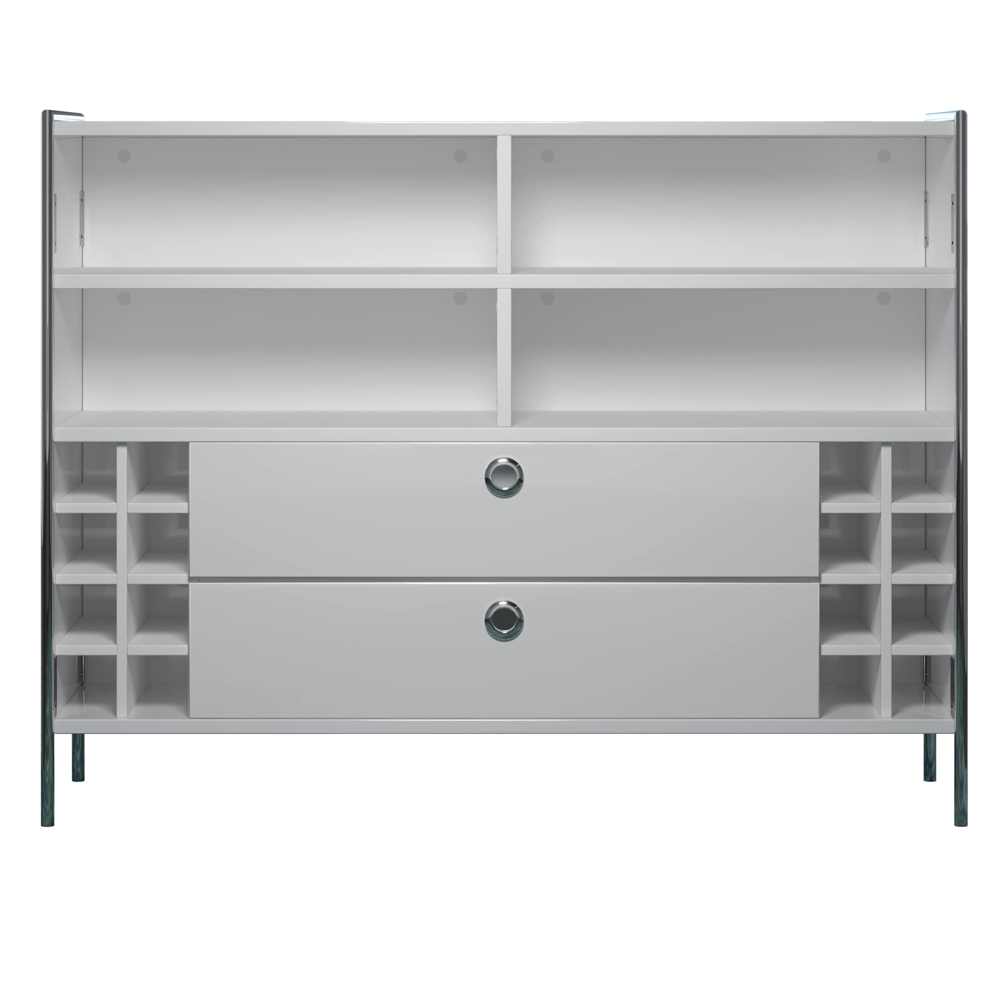 trendteam smart living - Infinity - Bartisch - Weiß Hochglanz lackiert - Hausbar mit 6 Fächern und 8 Weinfächern - (BxHxT) 140 x 109 x 48 cm - Bartresen mit Chromrahmen