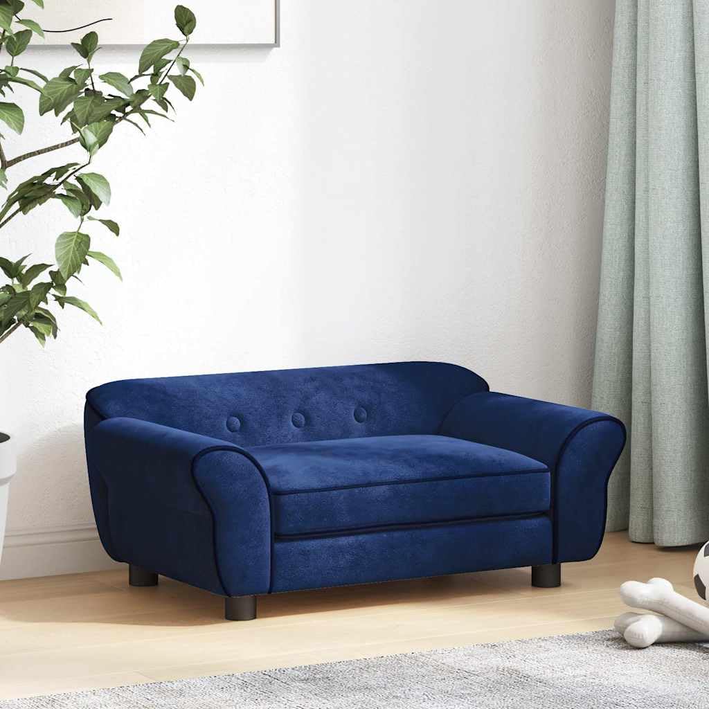 Sofa dla psa niebieska, 72 x 45 x 30 cm, pluszowa z drewnianą ramą, miękkie legowisko dla małych psów i kotów, poszewka na poduszkę, antypoślizgowa nóżka, przytulne miejsce odpoczynku w