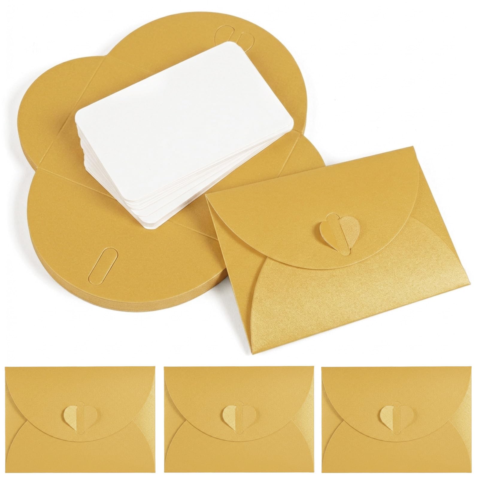 Yustella 40 Mini Envelopes with 40 Blank Cards, Gold Pearlescent Paper with Heart Clasp, for Gift Wedding Invitation Party Graduation Holiday Thanksgiving Day Christmas DIY