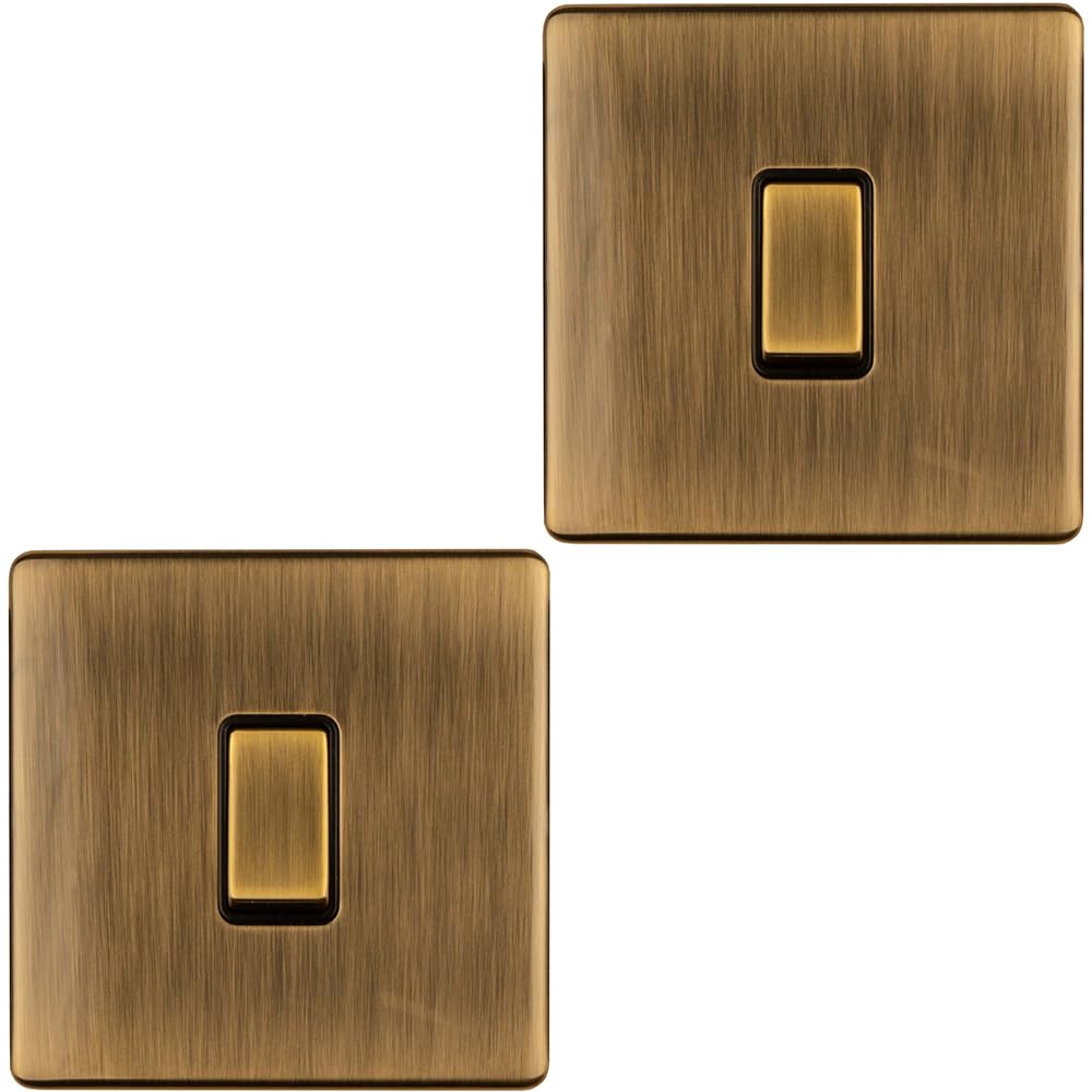 2 Pack 1 Gang Single Light Switch SCREWLESS Antique Brass 2 Way 10A Slim Rocker - Decorative Kitchen Living Room Bedroom Plate