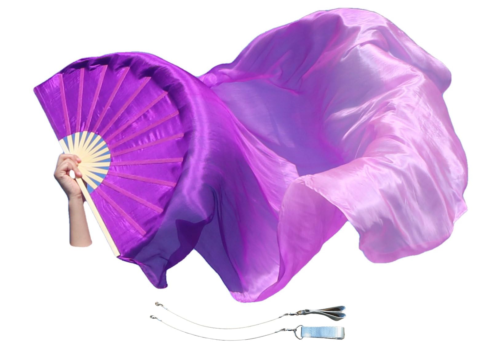 Winged Sirenny Pair Spinning Silk Fan Veils with Poi Strings,150cm (59") Fan Pois for Belly Dance, Flow Arts & Performance, with Adjustable Bamboo Handles & Carry Bag (purple fading)
