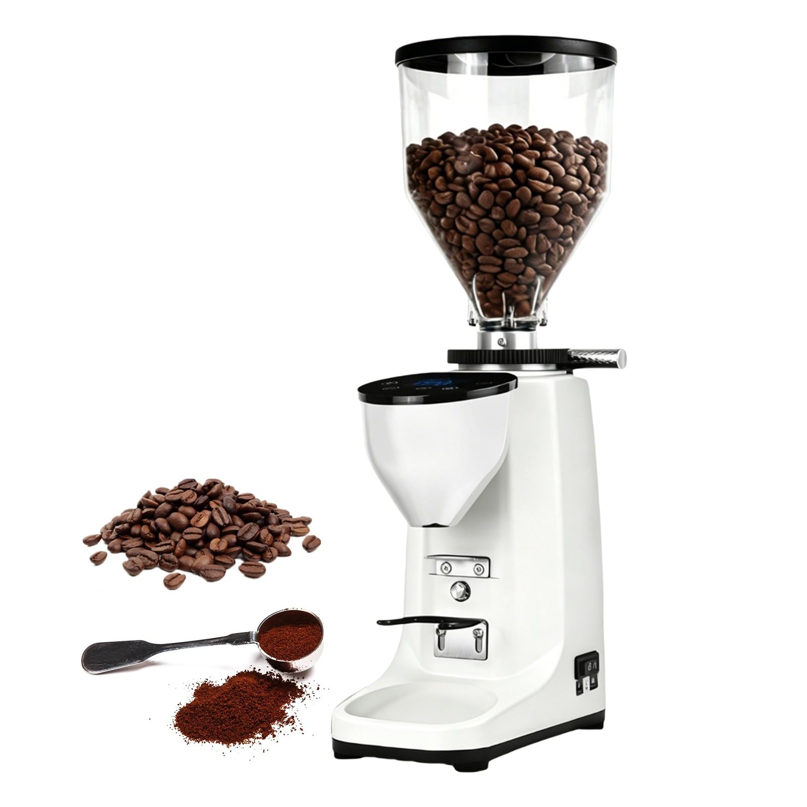 Młynek Do Kawy Elektryczny Z Płaskimi żarnami 60 Mm, Młynek Do Espresso Z Regulacją Mielenia, Automatyczne Dozowanie, 500 G Pojemnik Na Ziarna Do Domu(White)
