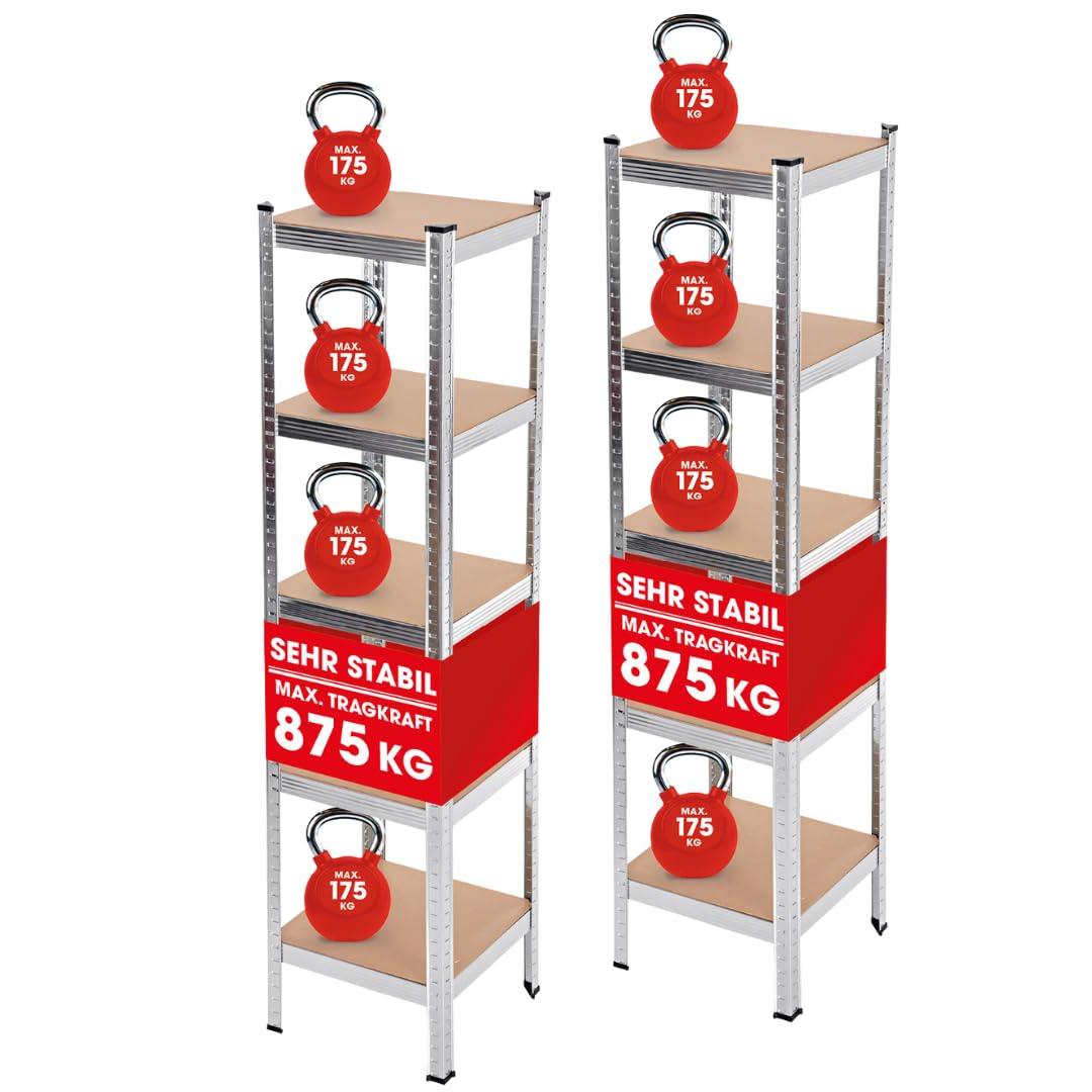 EASYmaxx Schwerlastregal 2er-Set 40x40x180 cm | 875 kg Traglast, 175 kg pro Ebene | Regal und Werkbank | Kellerregal, Lagerregal mit 5 verstellbaren Ablagen | Für Keller, Garage, Hobbyraum, Werkstatt