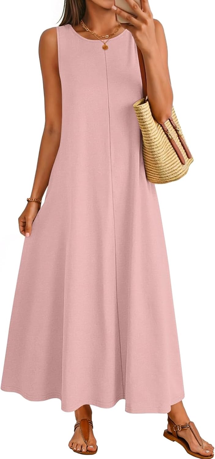 MEROKEETY Women's 2026 Summer Maxi Dress Sleeveless Crewneck Casual Loose Beach Vacation Basic Long Sundress