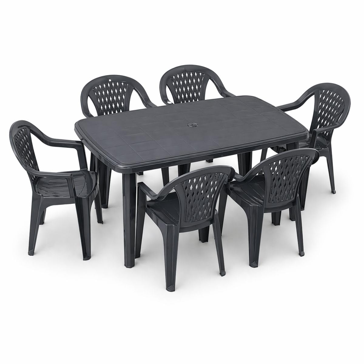 Tomaino - Ensemble de table et chaises d'extérieur en plastique de 6 places – 6 chaises avec accoudoirs empilables et 1 table rectangulaire de jardin, terrasse (anthracite)