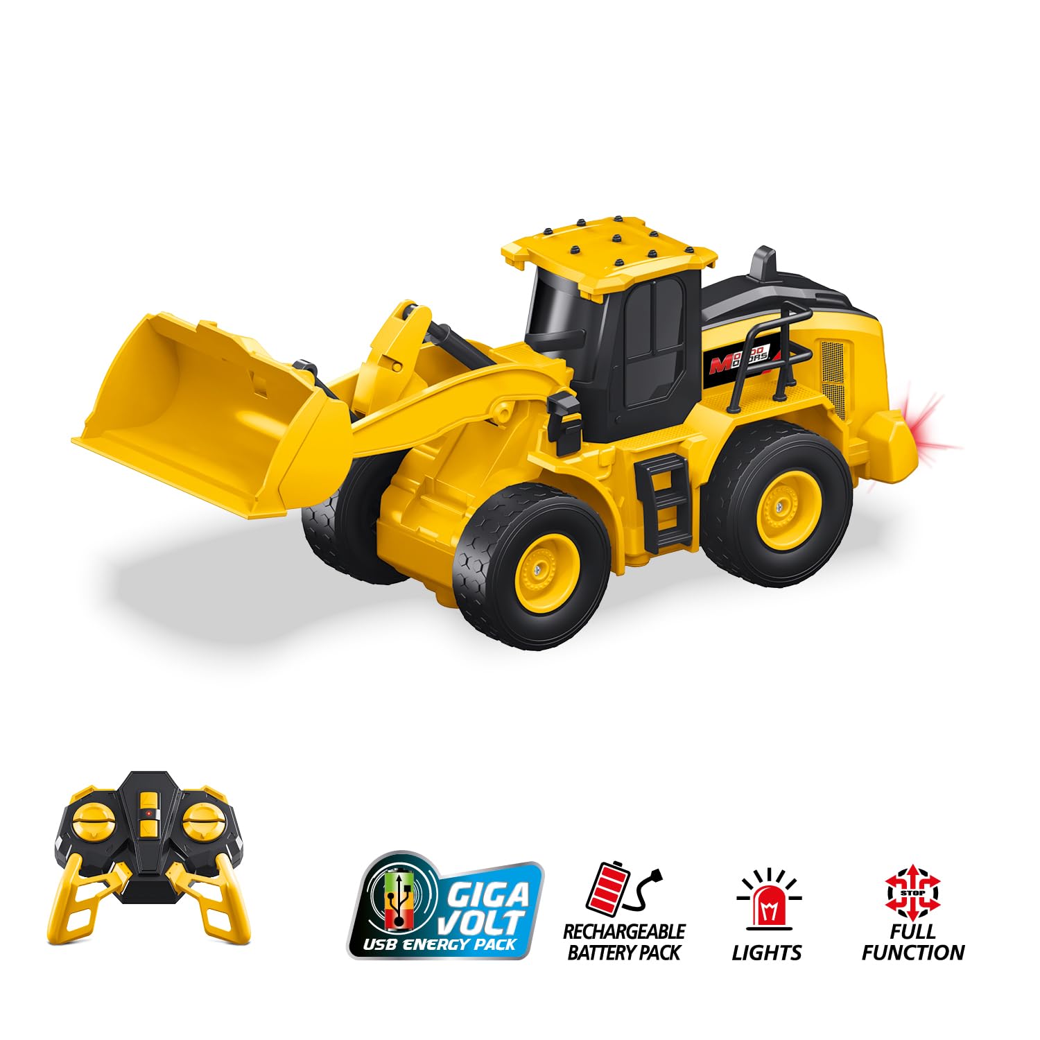 MONDO Motors Bulldozer radiocomandato, modello in scala 1:24, pacco batterie ricaricabili incluso, movimenti controllabili dal telecomando, giocattolo per bambini 63848
