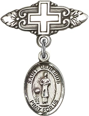 Sterling Silver Baby Badge with St. Genesius of Rome Charm and Badge Pin with Cross 1 X 3/4 inches