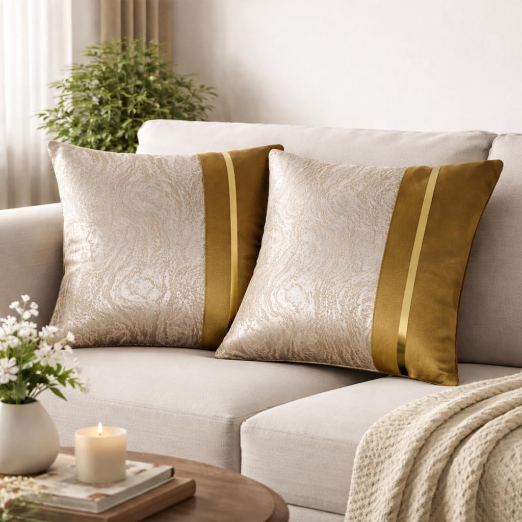 Cushion Cover 16 Inch x 16 Inch (Set of 2) | Marble Jacquard Pattern & Velvet w/Gold Leather Accent Stripe | Modern Decorative Throw Pillow for Living Room, Sofa, Bedroom (Gold)-image-44