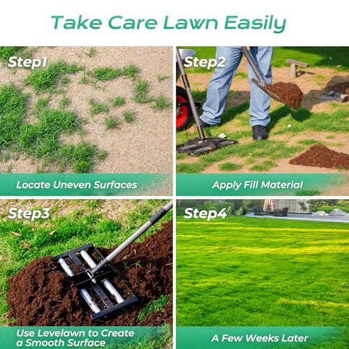 Suchtale Lawn Leveling Rake with Aluminum Rollers, 17\"x10\" Levelawn Tool, Heavy-Duty Stainless Steel Lawn Leveler with 61\" Adjustable Long Handle, Lawn Leveler for Smooth Soil,Garden,Golf Course,Farm