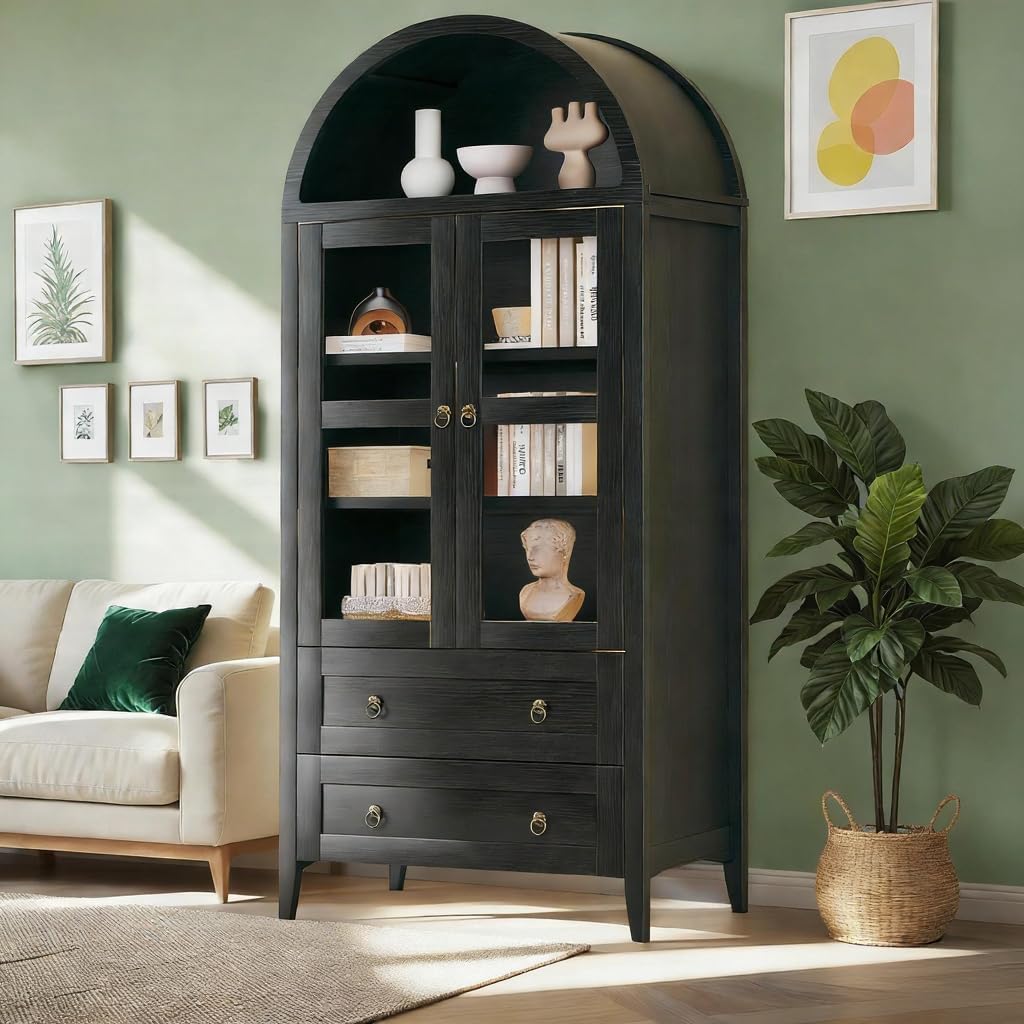 71" Tall Arched Kitchen Pantry, Pantry Cabinet, Kitchen Storage Cabinets with 2 Large Drawers & Adjustable Shelves & Glass Door for Living Room, Dining Room, Black