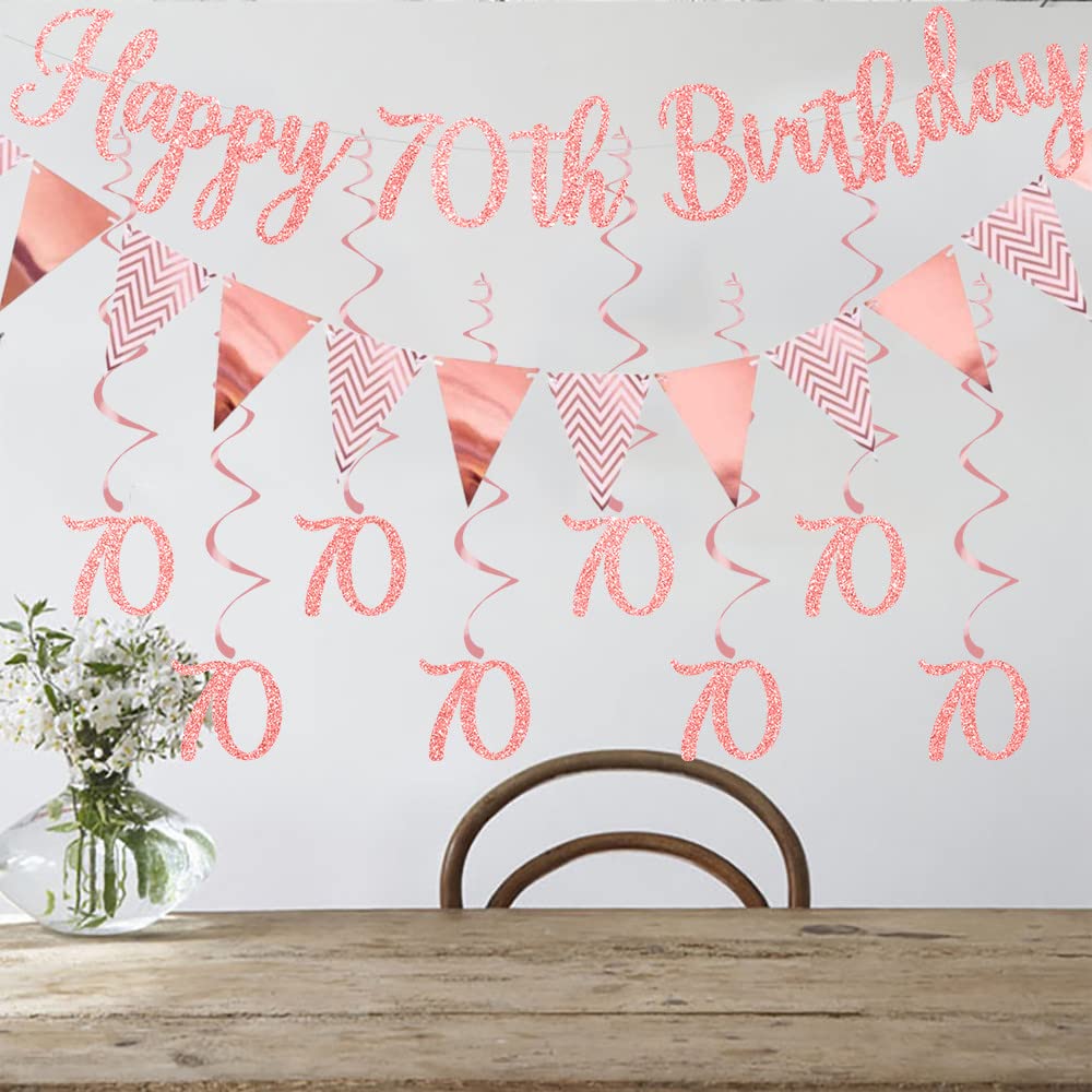 Festone Per 70° Compleanno – Oro Rosa Olografico – 3,9 Metri Con 11 Bandiere – Decorazione Interna/esterna – UK Design